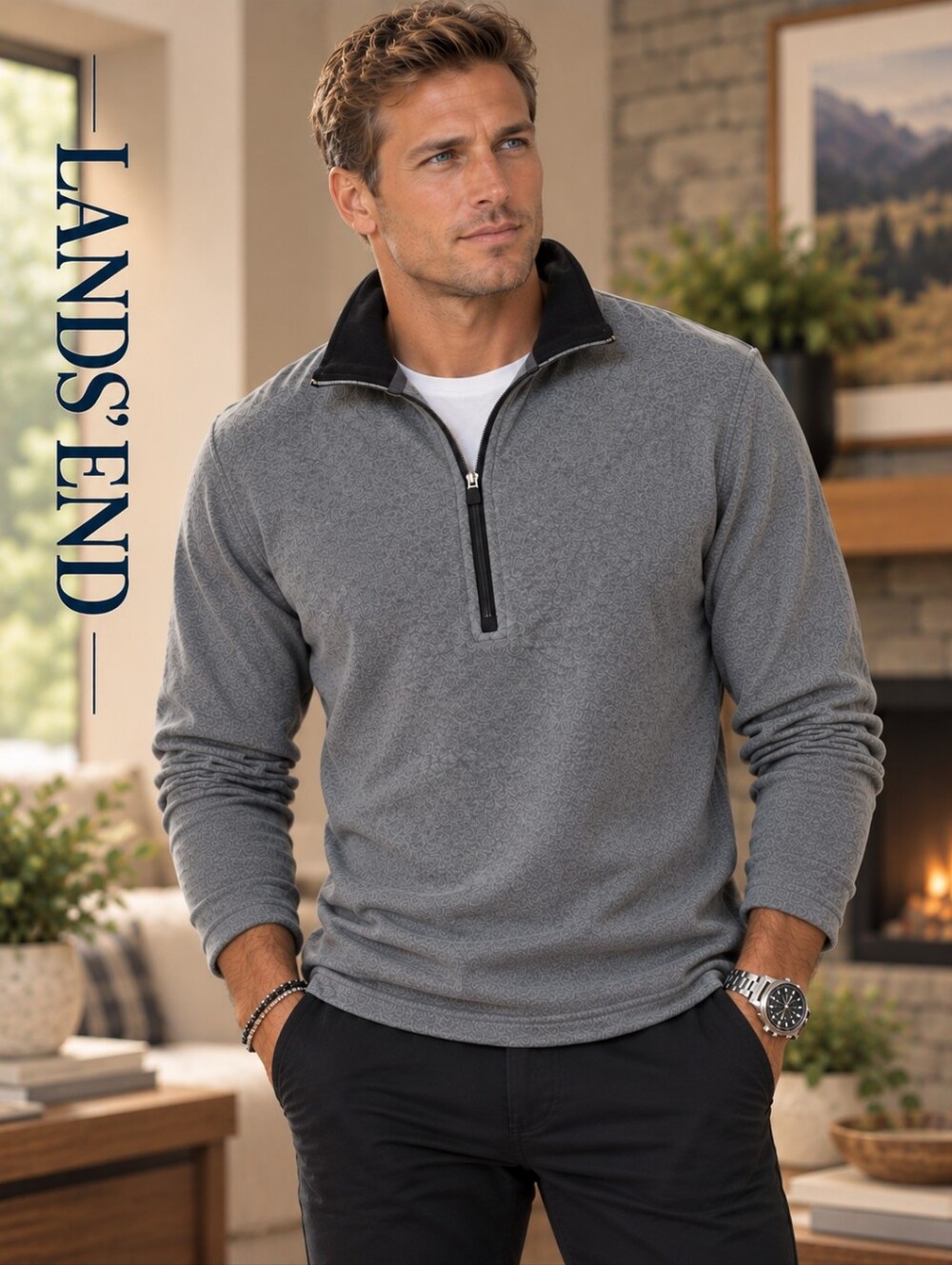 Landsβ End Menβs Gray Quarter-Zip Fleece Pullover with Black Trim